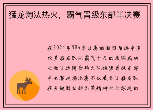 猛龙淘汰热火，霸气晋级东部半决赛